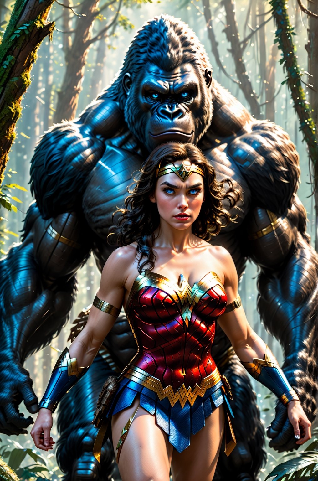 masterpiece, best quality, [detailed], [intricate], digital painting, a toned athlete muscular Wonder Woman with blue eyes in costume, picture with a big and scary gorilla, woman is serious, afraid, forest,RAW photography, best quality, masterpiece, extremely delicate and beautiful, extremely detailed, CG, unit, 8k wallpaper, amazing detailed, finely detailed, masterpiece, best quality, official art, extremely detailed CG unit 8k wallpaper, ultra-detailed, high resolution,  extremely detailed, sharp, focused, (best quality), (realistic, photorealistic: 1.6), 8k, soft lighting, high quality, cinematic lighting, 1 girl, centered, full body (african model),sparkling eyes, taming a gorilla, [WH40K], [highres], [absurdres], [sharp focus], bokeh, realistic shadows, lithograph by John William Waterhouse and Kyoto animation and Yoshitaka Amano and Frank Frazetta,painting by jakub rozalski