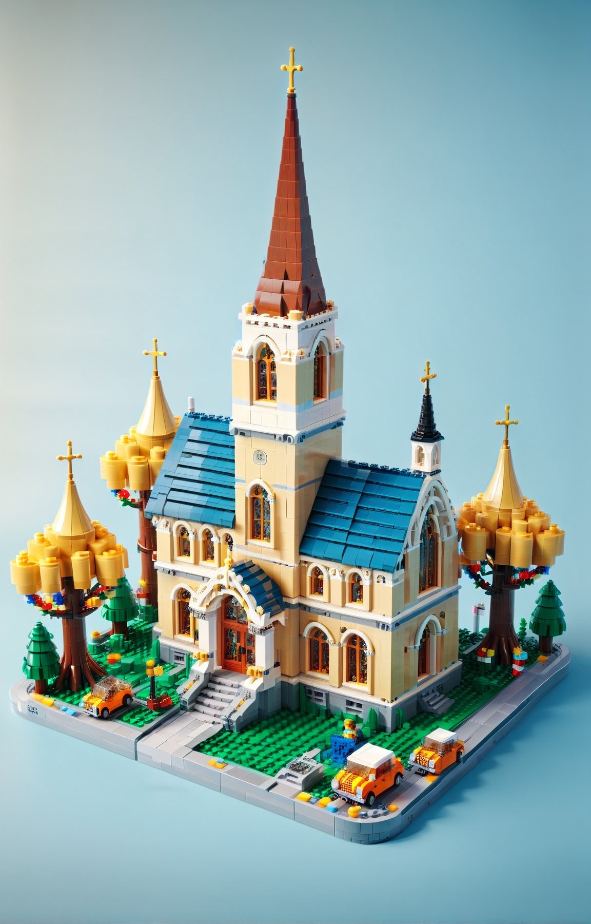 Lego brick scene, build a church made of LEGO, cartoon, disney style, Surreal images, Christmas theme, Real-world scenarios, in 8k resolution, A highly detailed, Top  Quality, Artistic photography, cinematic texture , iOS 100, LEGO MiniFig, LEGO Creator,lego