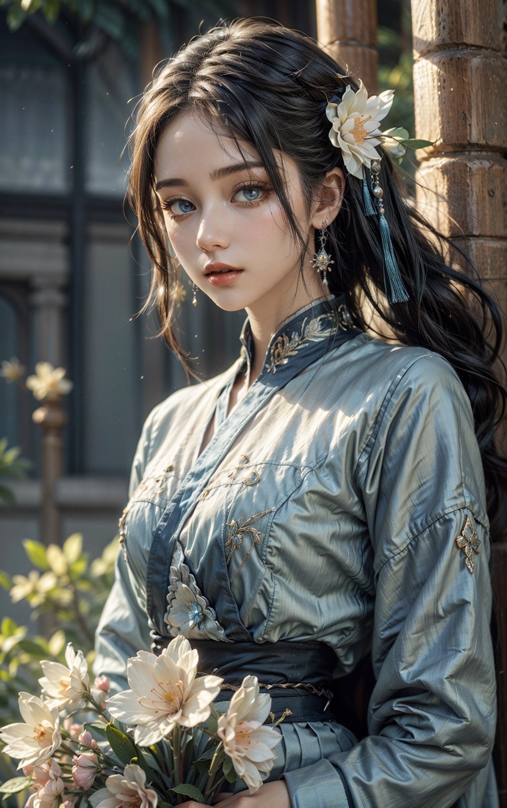 Highly qualified 8K style, HD, vibrant colors, 1girl, masterpiece, sharp focus, best quality, depth of field, cinematic lighting, {fantasy theme, Chinese style},1girl, long hair, white hair, blue eyes, masterpiece, best quality,chinese clothes, hanfu, long sleeves, blue dress, hair flower, blue flower,leonardo,REALISTIC