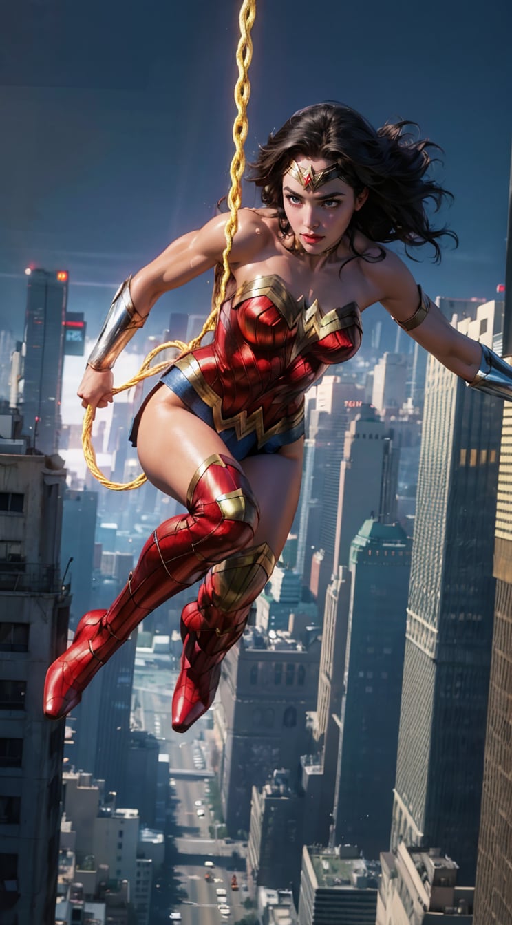 Generate a rough oil painting of Wonder Woman gracefully ((swinging through the gaps between skyscrapers)) (at night), ((flying)), using her ((Lasso of Truth)) as if she were Spider-Man. The golden glow emanating from the Lasso of Truth illuminates the scene like fluorescent lights. Capture her in a dynamic and stylish pose, reminiscent of Frank Miller's Sin City style. (field of depths,boheh backdrop),wonder_woman,artgerm,semi-realistic,Anime,highres