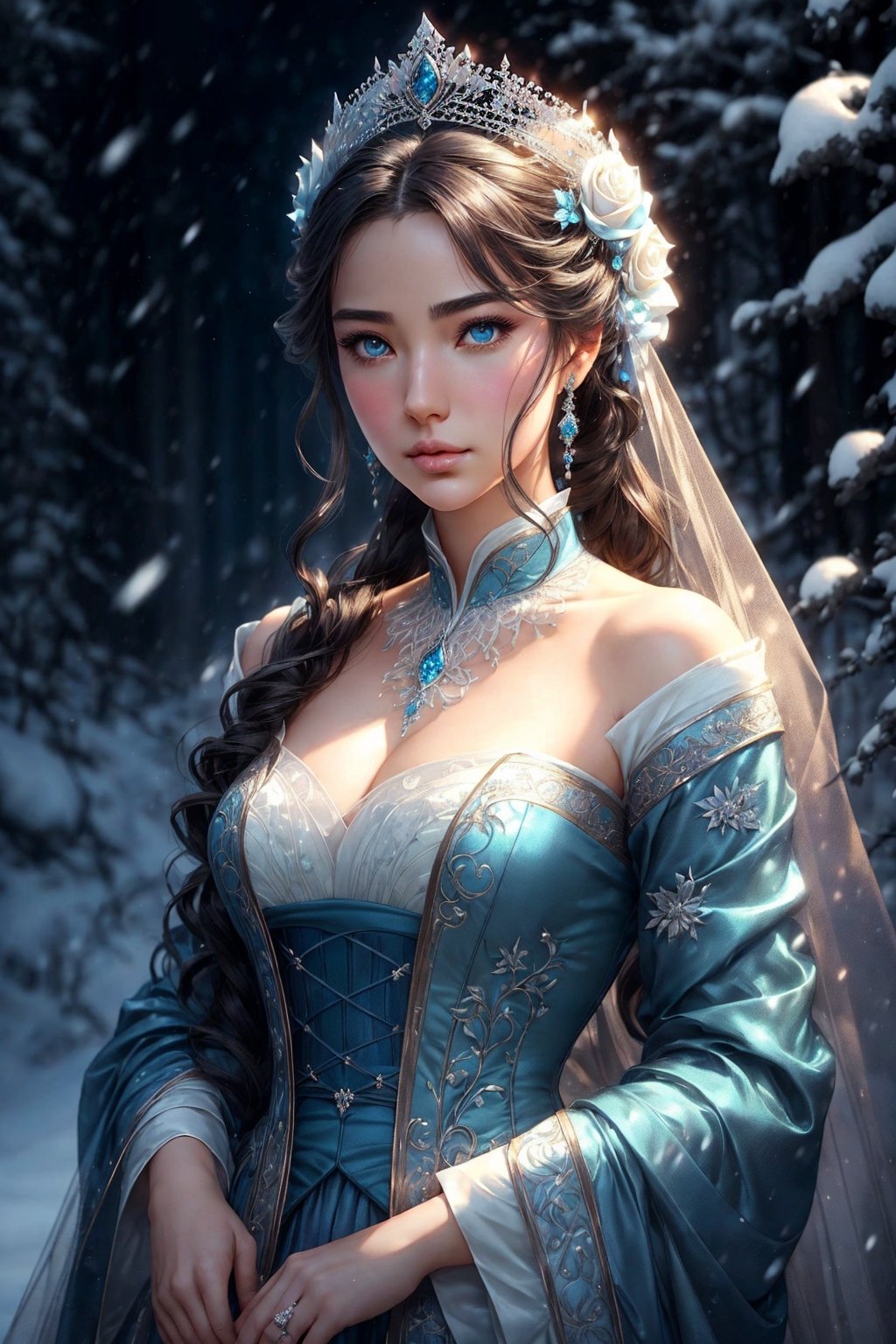 It's realistic (((illusion))) Set against the backdrop of an icy castle, enchanted in winter, and a frozen rose garden, the artwork should consist of various shades of cool blue. There is a lot of snow. Generate proud woman, (((super delicate face))), Dressed in the pleats of a dazzling French silk ball gown. The graceful face of a woman ((((highly detaild, Realistic and smooth features, Puffy lips.)))) Ball gowns are decorated with ruffles, track, And Archiwa, But in essence, Hand-embroidered torso. The corset has a silk ribbon,  She is wearing a Victorian royal winter robe, The wonderful eyes of a woman are beautifully depicted, With realistic shades and a wide range of colors, And with high resolution. The woman is in the garden of the eternal rose, Each of them is beautifully formed and very detailed. These realistic roses feature shimmering sky blue shades, dark blue, silver, and shimmering blue-violet. The eternal rose is a deep shade of periwinkle with shimmering iridescent hues and bass. Check the woman's face, heads, And the eyes are perfect. 真实感, high fantasy, Whimsical fantasy, Storybook fantasy, Fairytale fantasy, Fantasy Details, Enchantress, Enchantress, 8K, hire, CGI, digital painting, unit, unreal-engine, (((Master Part))), intrikate, graceful, highly detaild, majestueux, digital photography, Arte de Artgerm e Ruan Jia e Greg Rutkowski, (Master Part, beautiful-detailed eyes: 1.2), HDR, Realistic Skin Textures, (((1woman))), (((solo))), Includes highly detailed faces, super delicate face, And an interesting background.nijistyle