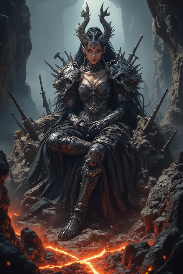 Masterpiece, professional, award-winning, intricate details, ultra high detailed, 64k, dramatic light, volumetric light, dynamic lighting, Art style inspired by Boris Vallejo and Luis Royo. A full-body shot of a strikingly beautiful girl with a flawless figure stands regally near her throne. She is clad in intricate, steel spiked armor, exuding both strength and elegance. Her throne, a menacing structure made of swords, jagged peaks, bones, and skulls, adds to the foreboding atmosphere. The setting is a desolate, rocky terrain with a river of molten lava cutting through the landscape and dark, swirling clouds overhead. The scene is a meticulously detailed masterpiece, capturing a haunting and powerful mood. realistic lighting and shading, vivid, vibrant, unreal engine, concept art,1girl_Anime