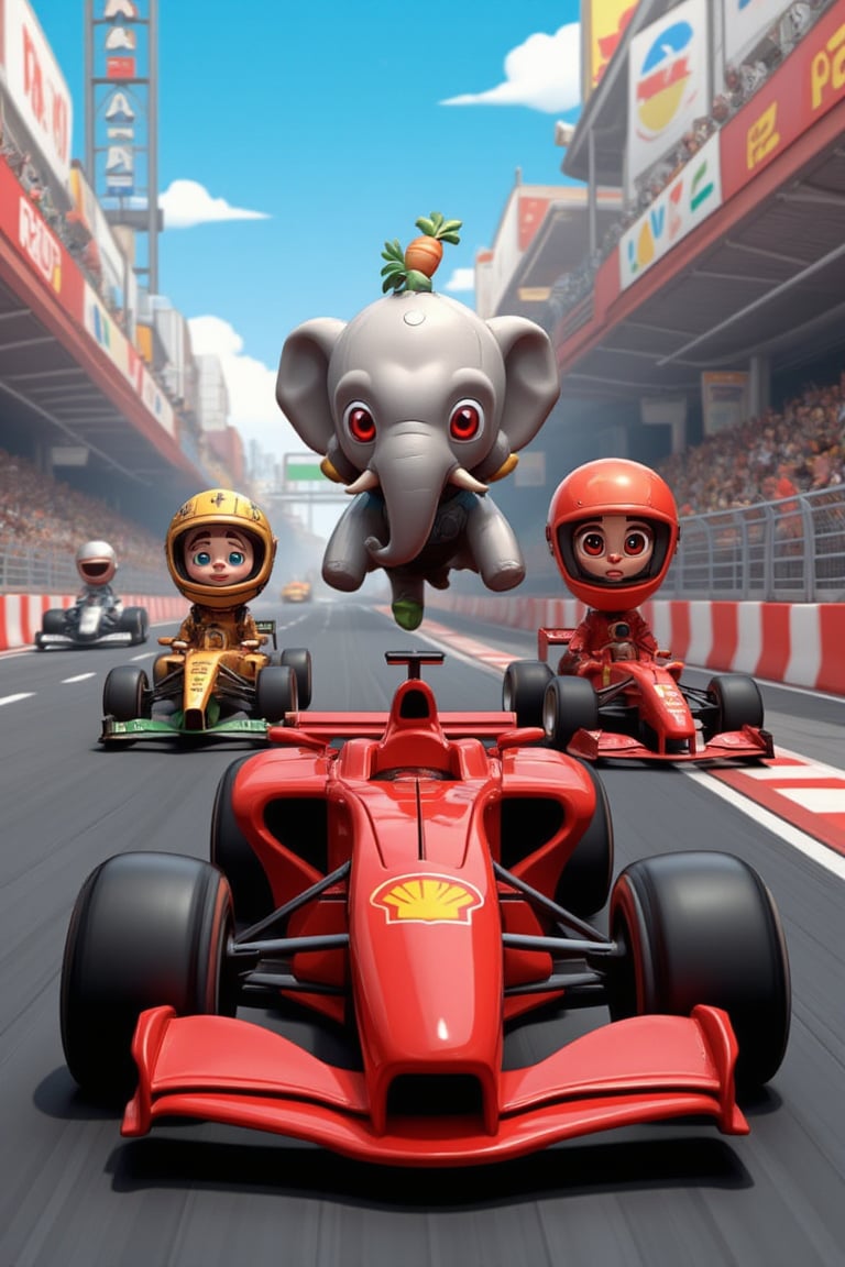 In a thrilling New AI Race, three cartoon 3D characters - Minor the clown, Whale2, Elephant, and The Robot/Alien/Cetus - don helmets instead of heads, their eyes gleaming with excitement. As they ride on the track, the Ferrari F1 car blurs in the background. In this official contemporary animation, pixelation adds a retro arcade vibe to the kawaii kids' cartoon. The characters are surrounded by racing cards and speedway sounds, immersing viewers in a thrilling videogame-like experience.