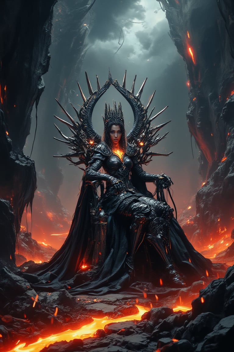 Masterpiece, professional, award-winning, intricate details, ultra high detailed, 64k, dramatic light, volumetric light, dynamic lighting, Art style inspired by Boris Vallejo and Luis Royo. A full-body shot of a strikingly beautiful girl with a flawless figure stands regally near her throne. She is clad in intricate, steel spiked armor, exuding both strength and elegance. Her throne, a menacing structure made of swords, jagged peaks, bones, and skulls, adds to the foreboding atmosphere. The setting is a desolate, rocky terrain with a river of molten lava cutting through the landscape and dark, swirling clouds overhead. The scene is a meticulously detailed masterpiece, capturing a haunting and powerful mood. realistic lighting and shading, vivid, vibrant, unreal engine, concept art,1girl_Anime