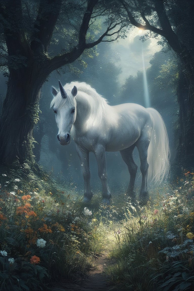 Masterpiece, professional, award-winning, intricate details, ultra high detailed, 64k, dramatic light, volumetric light, Enchanting, moonlit glade with a gentle unicorn and shimmering will-o'-the-wisps, realistic, magical, mystical creatures, idyllic, serene, ethereal, (mythical presence:1.4), wildflowers, moonbeams, ancient trees, soft glow, harmonious realm, tranquil beauty, 8k,ek_art_b00ster,anime,illustrated,