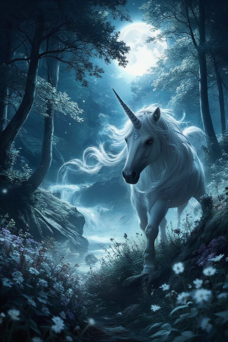 Masterpiece, professional, award-winning, intricate details, ultra high detailed, 64k, dramatic light, volumetric light, Enchanting, moonlit glade with a gentle unicorn and shimmering will-o'-the-wisps, realistic, magical, mystical creatures, idyllic, serene, ethereal, (mythical presence:1.4), wildflowers, moonbeams, ancient trees, soft glow, harmonious realm, tranquil beauty, 8k,ek_art_b00ster,anime,illustrated,