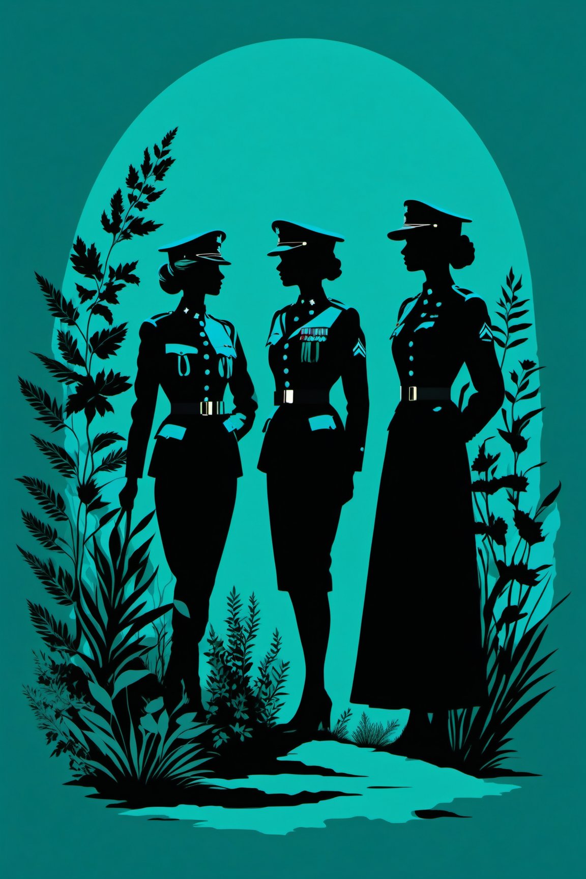 character silhouette, 3 women at a botanical garden, body in shadow, in military uniform, dark night, turquoise green background, Flat vector art,pencil sketch