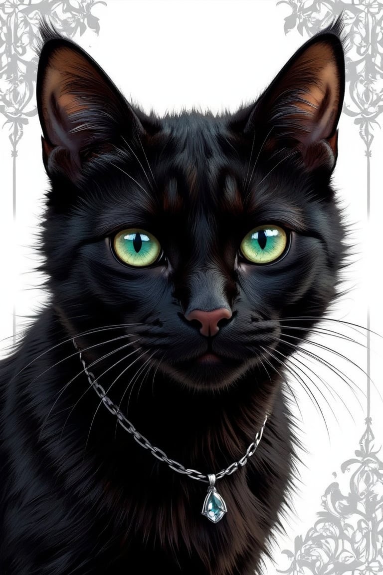 Masterpiece, professional, award-winning, intricate details, ultra high detailed, 64k, dramatic light, volumetric light, create a realistic and cute comic style sleek black cat with piercing emerald eyes and a  pink nose. Her fur is styled in loose, flowing waves, and she wears a delicate silver necklace with a tiny crystal pendant. Showcasing incredible texture and detail. Rendered in high-quality, super-detailed textures. Meticulously illustrated. The white filigree background adds to the ominous atmosphere, 8k,ek_art_b00ster,anime,illustrated,Enhanced all