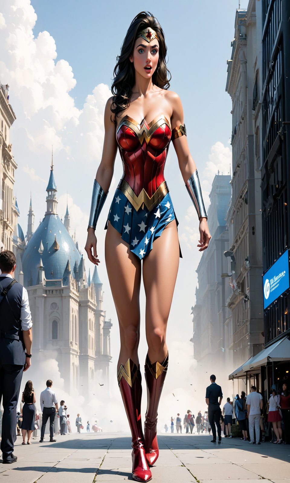 There is a massive oversized TV screen in the city. TV screen showing and playing blue eyed and muscular Wonder Woman making a conference call with shocked and surprised expressions. Many people are watching it below the screen. ((highest quality)), (8k, very detailed, full-length frame, high-detail RAW color art, masterpiece:1.2), (realistic and realistic photo:1.3), dramatic lighting rendering, dynamic angles, photon mapping, physics-based rendering, Absurd resolution, high resolution, (masterpiece: 1.4), super detail,score_9,score_8_up,score_7_up,score_6_up,