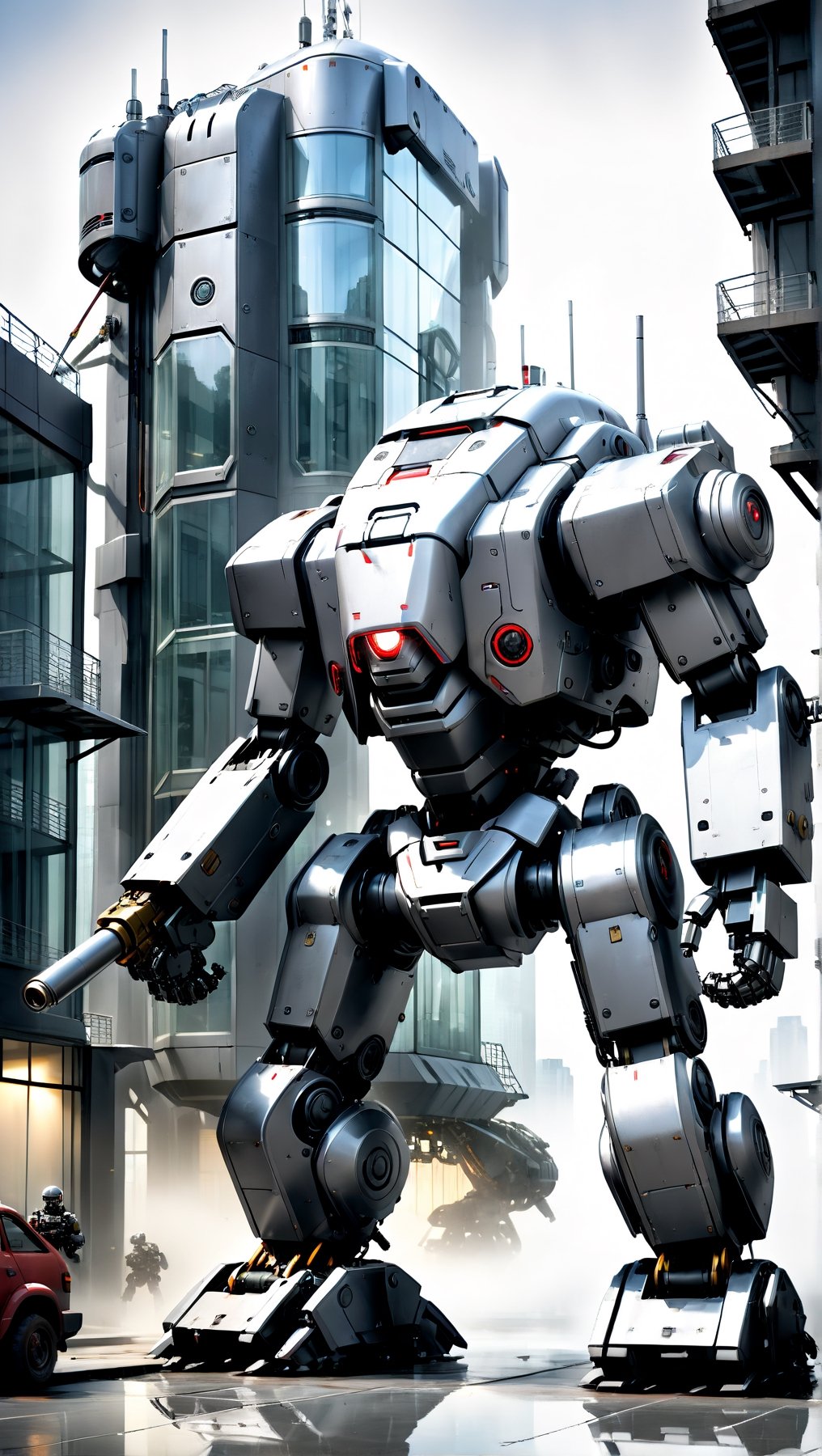 a robot with a gun in its hand, mech robot futuristic, mech shaped like a manatee, mech body, mech robot, full body mech, futuristic robot, concept robot, sci-fi mech, tank with legs, white mech bot, war robot, mech, military robot, battlemech, battle mech, tremendous mecha robot, humanoid mech, ed209, ED-209, ed 209, (dark silver dull metal alloy:1.4), (standing in front of tall glass building:1.3) with (reflection in windows:1.1), DieselPunkAI