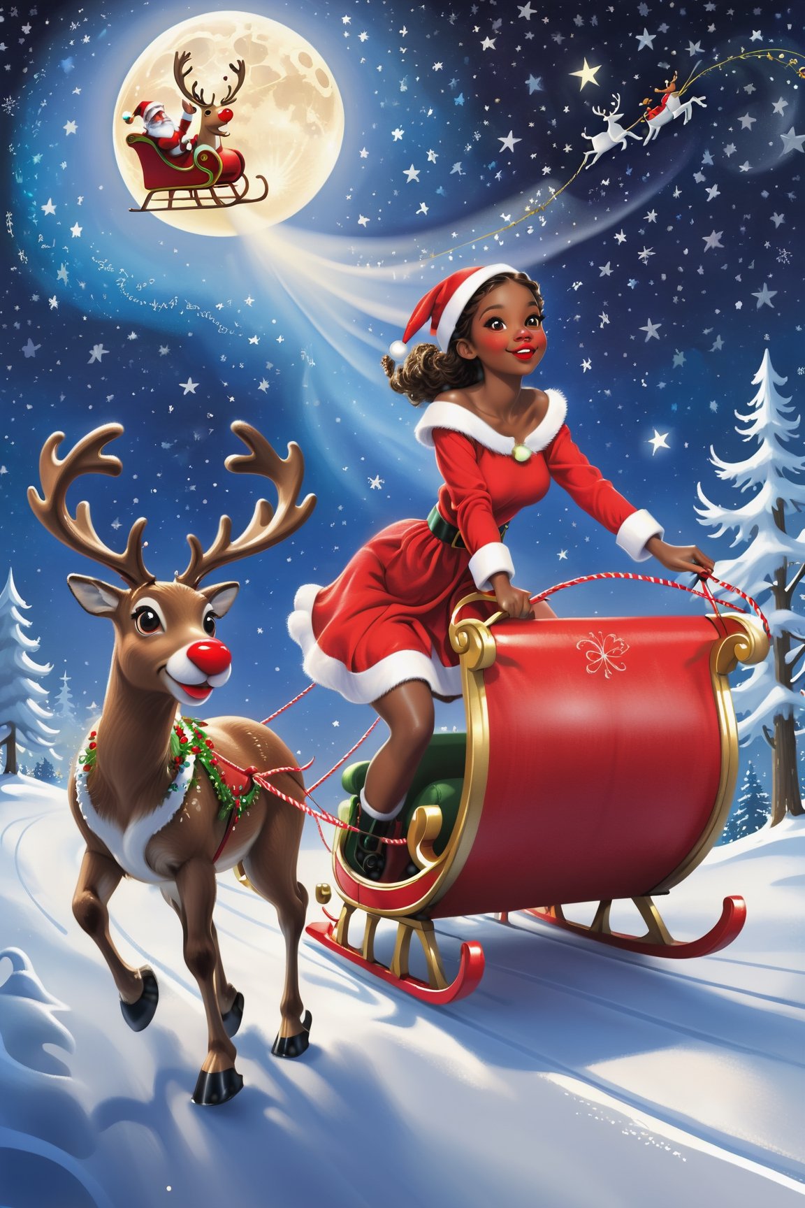 best quality, realistic, photorealistic, award-winning illustration, (intricate details: 1.2), (delicate detail), (intricate details), wonderful christmas night, polar lights, ((Dark skinned pretty girl wearing Santa's outfit is riding on sleigh pulled by the Red Nosed Reindeer)), flying to the sky, a round moon, starry sky, shooting star, Christmas night,danknis,anitoon style
