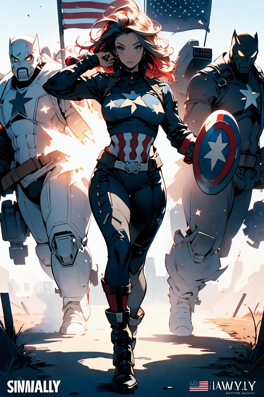 ((Best quality)), ((masterpiece)), (detailed: 1.4), Absurd, Captain America, (((flag))), Mature woman, muscular, beautiful, (((full body)))), giant robot pilot, wild with perfect body, bare thighs, dark blue clothing with white stars, red with white stripes, thong, with the colors of the United States flag, sensual pose, pose with attitude, big breasts, technological scenery, manga style with (((Simon Bisley))) artsyle