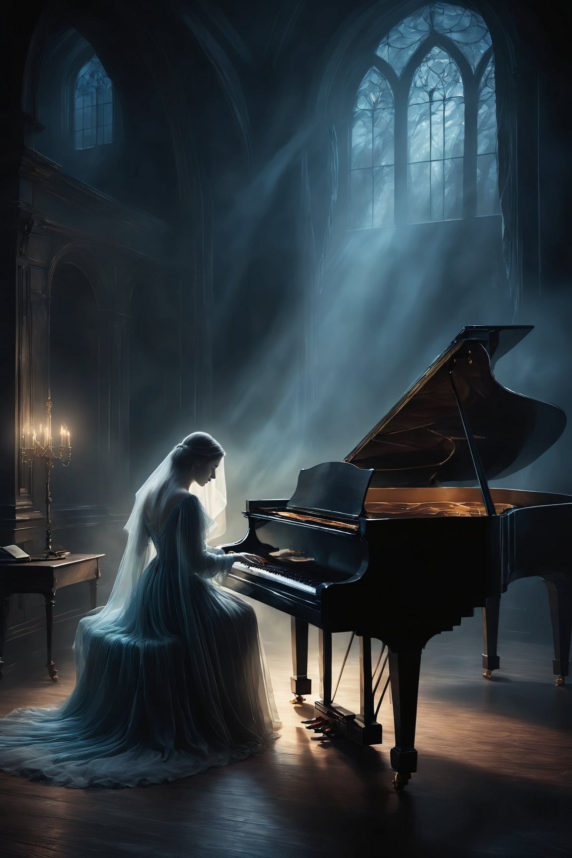 a haunting and ethereal digital painting of a ghostly figure playing a melancholic melody on a grand piano, surrounded by an enchanted audience entranced by the music, oblivious to the dark and eerie surroundings. The ghostly figure is partially transparent, emitting a soft glow, with flowing ethereal robes. The grand piano is intricately detailed, with delicate looks and a weathered appearance. The composition is dynamic and atmospheric, with muted colors and dramatic lighting, evoking a sense of mystery and foreboding. Inspired by the works of classical painters like Caspar David Friedrich, this artwork captures the captivating and haunting nature of the scene. Created using digital painting techniques and rendered with realistic textures and lighting effects for a stunning and immersive visual experience.