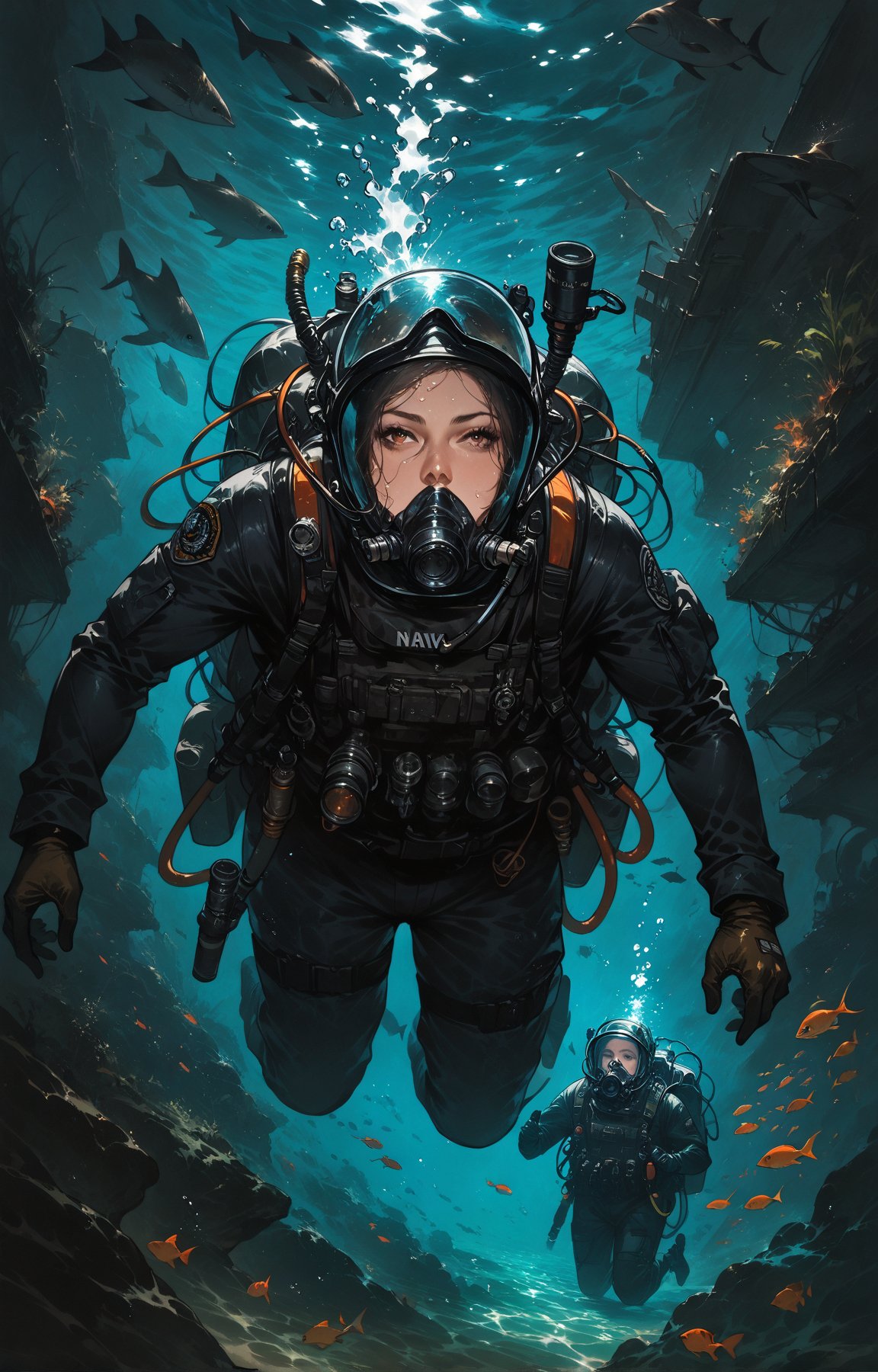 score_9, score_8_up, score_7_up, (Fidelity:1.2), (best quality, 4k, 8k, highres, masterpiece:1.2), ultra-detailed, (realistic), diving, 3divers, deep underwater, us navy, secret mission, group of military divers, military scuba diving suits, concept art, Best quality, Ultra High Resolution,l4rg33y3s,Expressiveh,dark theme