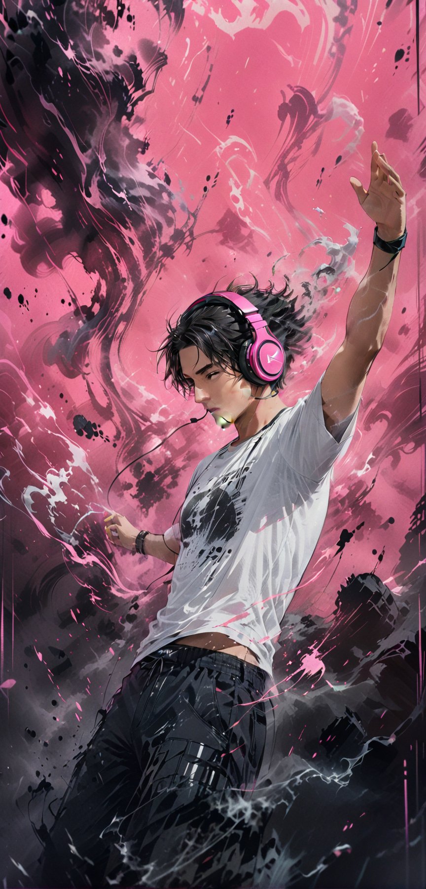 (masterpiece, best quality:1.4), Man in white T-shirt and headphones, dancing, Image with black and pink background, Futuristic graphic effects, Immersive 4K cinematic images,smoke,ink smoke,ink smoke background, score_9,score_8_up,score_7_up,score_6_up,art_booster