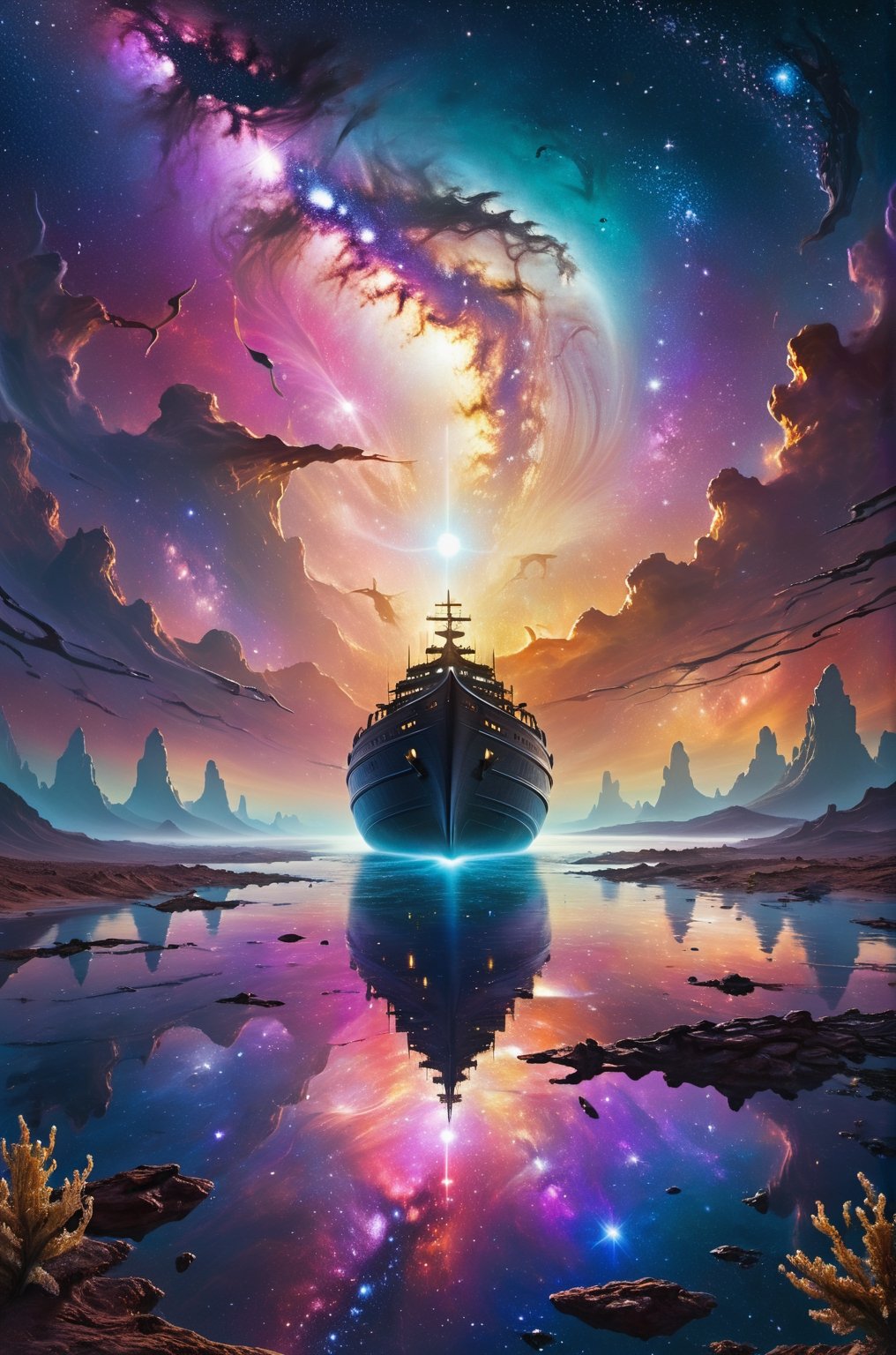 A mesmerizing astral desert, exploring the depths of the red night sky, gazes intensely into the void with eyes shimmering like stars. In the sky there is a winter planet glowing surrounded by six moons. On the right part of canvas there is small, white, rounded, futuristic, alien ship swimming in the night lake. shining starry underwater tree and plants. Ship face to sky. Two sailor warriors on bow watching the sky from ship. On left part of the night sky there is colordul starry galaxy carved in sky in the shape of a spread-wings bird. This concept art is a breathtaking digital painting. Beautiful and colorful Alien world. The image is a masterpiece of contrast, with the ship's ethereal figure illuminated by the glow of distant galaxies. The dark backdrop adds depth and mystery to the composition, evoking a sense of wonder and cosmic exploration. This high-definition artwork captivates viewers with its intricate details, vibrant color