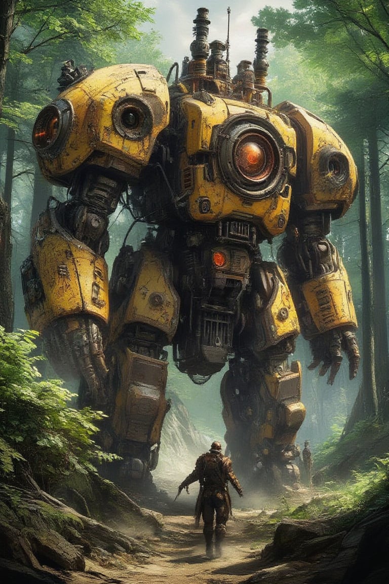 Masterpiece, professional, award-winning, intricate details, ultra high detailed, 64k, dramatic light, volumetric light, steampunk era, medium size robot, piloted by an human, steampunk style, action environment, forest, leaf shadows, globalized enlightenment, volumetric lights, Natural color contrasts with metal and rust colors, High resolution, 8k,ek_art_b00ster,anime,illustrated,