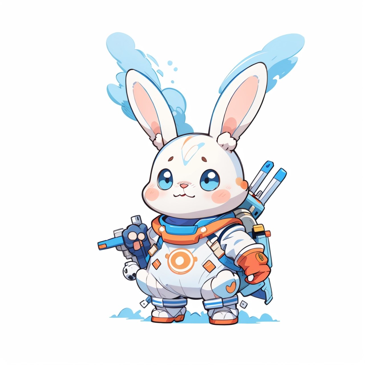 cartoon white rabbit in a blue and orange spacesuit, blue Helmet, centered, full body, no_humans, Depth of field, ((empty background)), ((whitebackground)), (kawaii:1.3), (anime:1.4), cute, round eyes, (8K, RAW photo, Best quality, masterpiece:1.2),  Logo, vector, Line graphics, design, mascot concept, "tenten", inspiration, straight line, symmetry