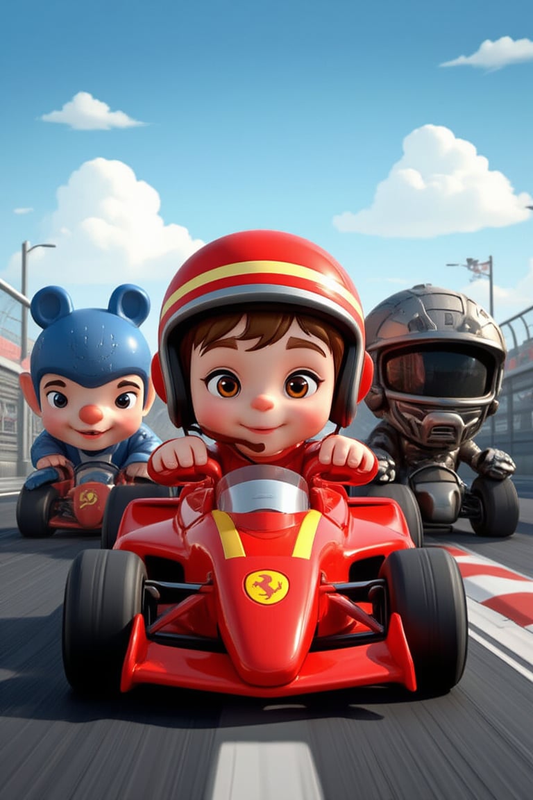 In a thrilling New AI Race, three cartoon 3D characters - Minor the clown, Whale2, Elephant, and The Robot/Alien/Cetus - don helmets instead of heads, their eyes gleaming with excitement. As they ride on the track, the Ferrari F1 car blurs in the background. In this official contemporary animation, pixelation adds a retro arcade vibe to the kawaii kids' cartoon. The characters are surrounded by racing cards and speedway sounds, immersing viewers in a thrilling videogame-like experience.