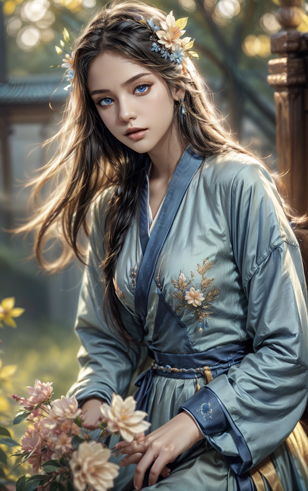 Highly qualified 8K style, HD, vibrant colors, 1girl, masterpiece, sharp focus, best quality, depth of field, cinematic lighting, {fantasy theme, Chinese style},1girl, long hair, white hair, blue eyes, masterpiece, best quality,chinese clothes, hanfu, long sleeves, blue dress, hair flower, blue flower,leonardo,REALISTIC