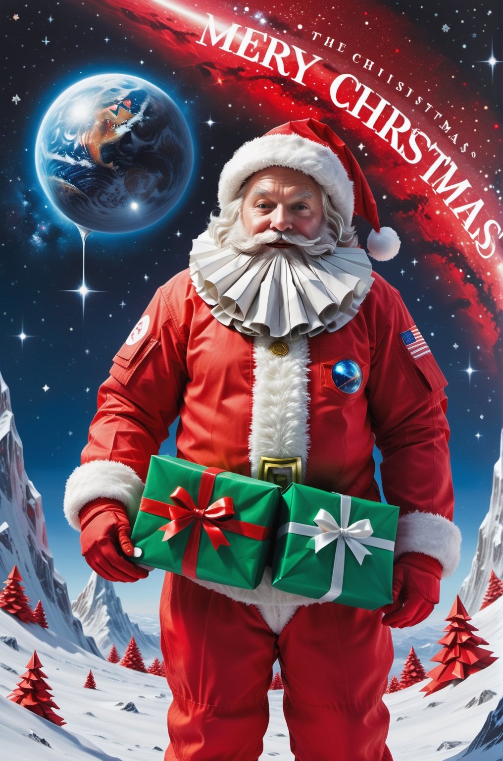 ("Merry Christmas" text logo: 1.3), Origami, dripping paint, ((Santa wearing red space-suits holding bags of presents)) venturing into outer space to deliver presents to Aliens, full body portrait, wide scale lens, Text, aw0k magnstyle, ((Masterpiece))), Best Quality, light red painting, starry skies, (White background: 1.1), detailmaster2,Movie Still