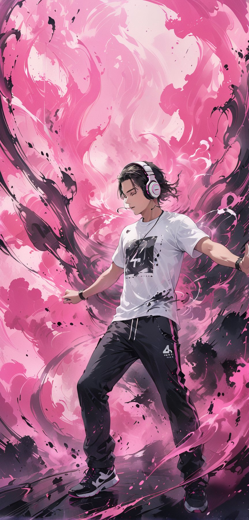 (masterpiece, best quality:1.4), Man in white T-shirt and headphones, dancing, Image with black and pink background, Futuristic graphic effects, Immersive 4K cinematic images,smoke,ink smoke,ink smoke background, score_9,score_8_up,score_7_up,score_6_up,art_booster