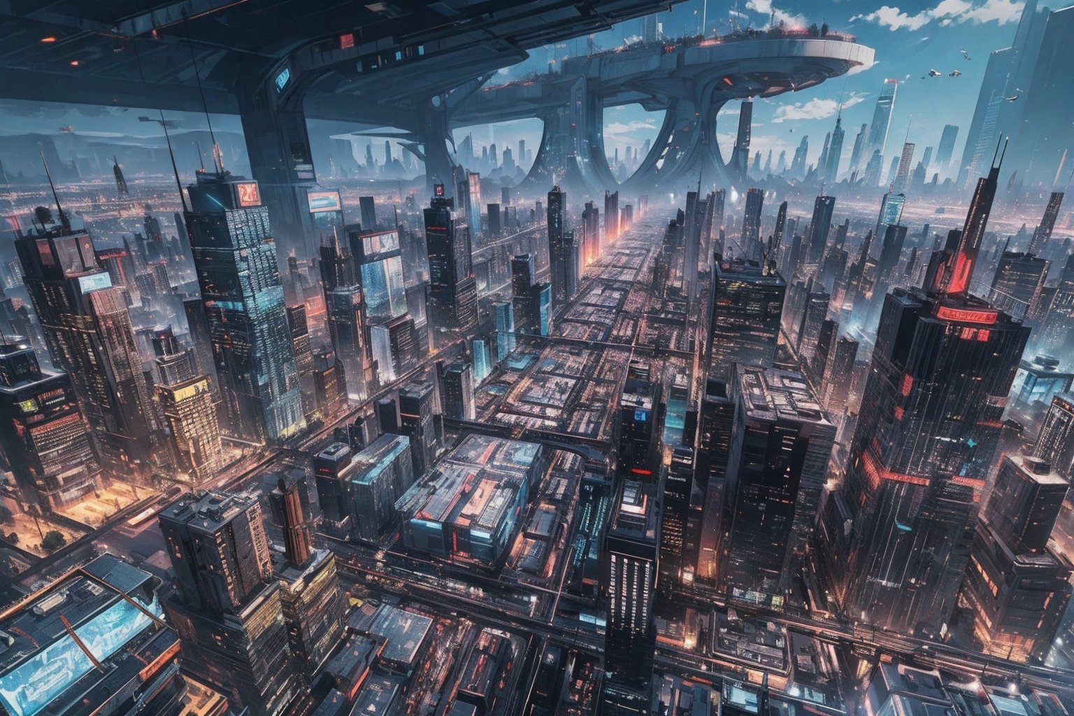 ((best quality)), masterpiece, anime cyberpunk cityscape with robots and flying cars, post apocalyptic cyberpunk city, outdoors, skyscraper, day, wide angle, cinematic light