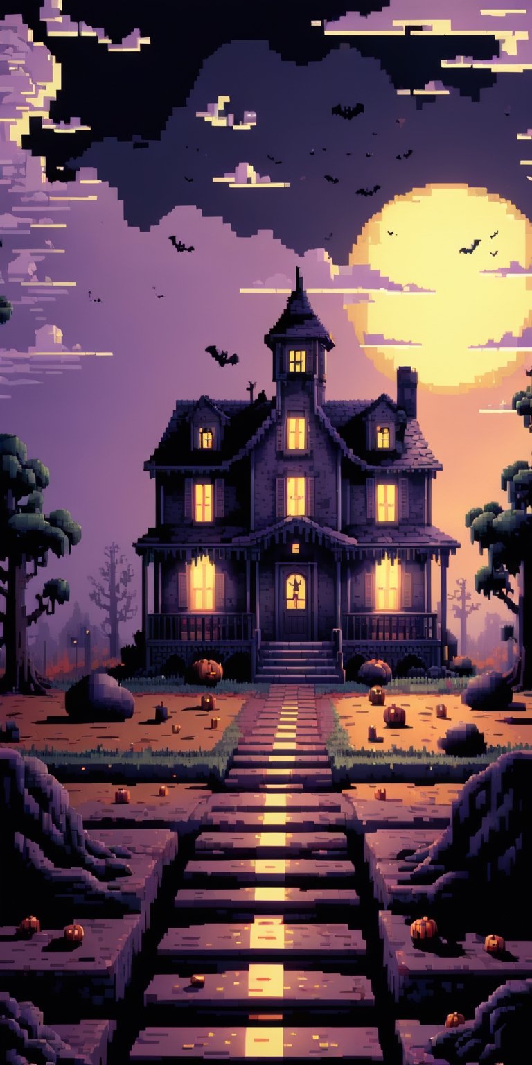 Pixel art spooky night scenes, 3D pixel art 4K wallpapers, Amazing pixel art details, Pixel art, Detailed Unreal Engine pixel art, Half-red moon sky, Spooky Night, Holloween theme,pixel style