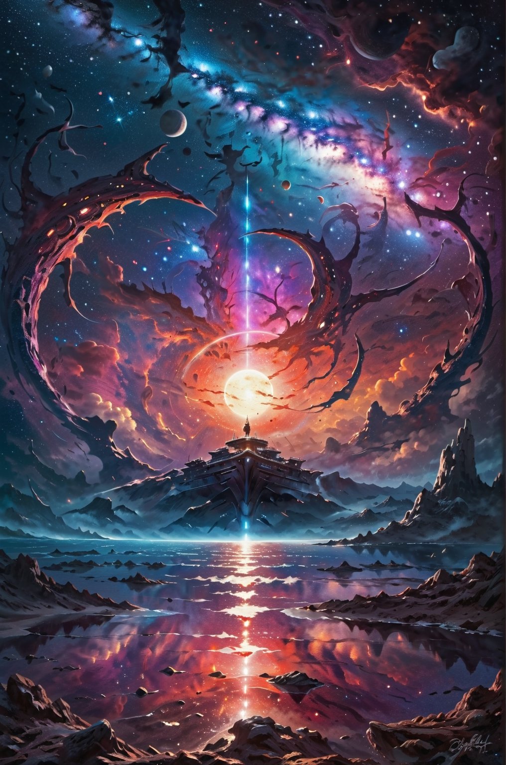 A mesmerizing astral desert, exploring the depths of the red night sky, gazes intensely into the void with eyes shimmering like stars. In the sky there is a winter planet glowing surrounded by six moons. On the right part of canvas there is small, white, rounded, futuristic, alien ship swimming in the night lake. shining starry underwater tree and plants. Ship face to sky. Two sailor warriors on bow watching the sky from ship. On left part of the night sky there is colordul starry galaxy carved in sky in the shape of a spread-wings bird. This concept art is a breathtaking digital painting. Beautiful and colorful Alien world. The image is a masterpiece of contrast, with the ship's ethereal figure illuminated by the glow of distant galaxies. The dark backdrop adds depth and mystery to the composition, evoking a sense of wonder and cosmic exploration. This high-definition artwork captivates viewers with its intricate details, vibrant color