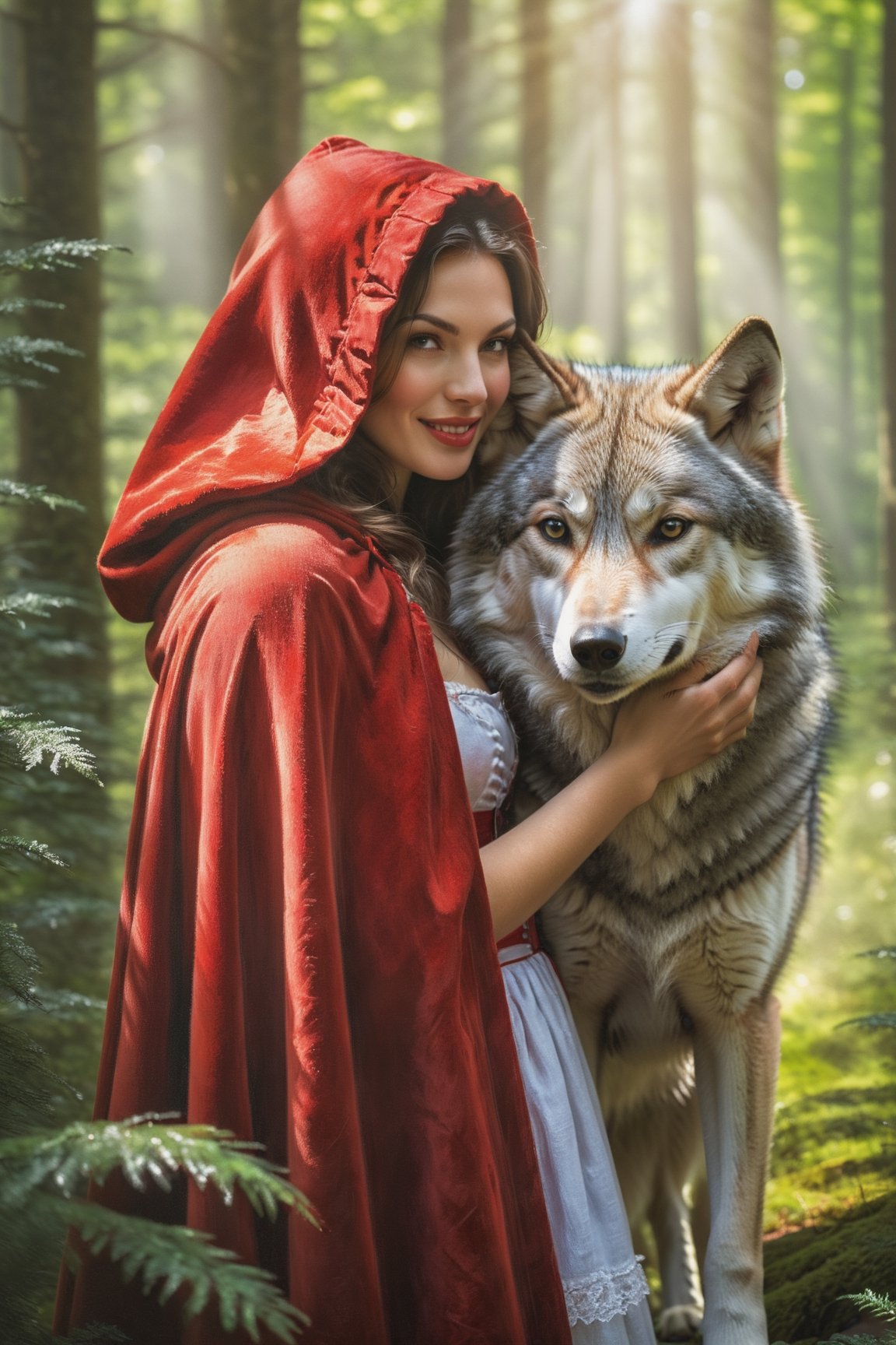 Little Red Riding Hood in her iconic red cloak embracing a gray wolf, standing in a vibrant green forest clearing, soft focus, dappled sunlight filtering through dense trees, wolf's fur texture highlighted, warm interaction between characters, fairy tale atmosph, highly realistic, ruddy skin, beautiful, full lips, smiling, feeling of lightness and joy, hyperrealism, skin very elaborated, direct gaze, style of Greg Rutkowski,oil paint 