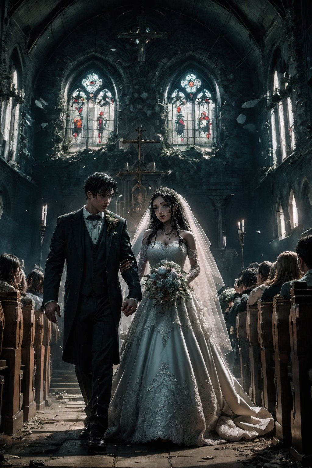 in the ruins of a gothic style church, the sacrament of marriage is being carried out between the bride and groom led by a priest, 2boys, 1girl (1girl bride, zombie, grayish-blue skin, long black hair, bare shoulders, torn wedding dress, torn bridal veil, torn elbow gloves.) (1boy groom, zombie, grayish-blue skin, torn black suit.) (1boy priest, jack-o-lantern head, skull, priest robe, priest outfits, raise hands.) Altar, skull, candel, green fire, black rose, ((ultra-detailed)), ((high resolution)), ((extremely detailed)), ((8k)), ((Detailed Scenery)), nightmare_night,more detail,midjourney,better_hands,hands