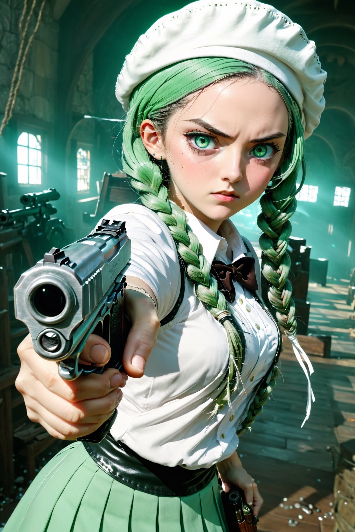 (Best quality, ultra detailed, masterpiece), 1girl with cinematic film still gunatyou, girl pointing a gun at viewer, pistol, cowboy shot, shell casings, bulletpressionless, constricted pupils, crazy eyes:1.2), white shirt, pleated skirt, mint green hair, twin braids, white beret, green eyes, eyeshadolowing eyes:0.7), small gun, holding gun, incredibly absurdres, 8k wallpaper, large breasts, cleavage, sideboob, amazing details, luminous and enchanting, dark and eerie, lit dark fantasy realm, (((rule of thirds))), shallow depth of field, intricate details, fantastical realm, extremely detailed, ultra sharp focus, light particles, attention to detail, grandeur and awe, cinematic, stunning visual masterpiece, double exposure, photorealistic, cinematographic scene, highest quality, 32k, octane render,gunatyou