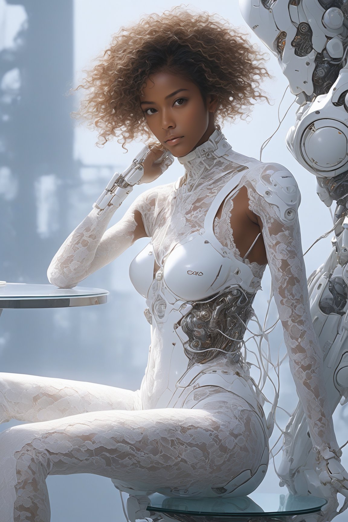 score_9, score_8_up, score_7_up,photorealistic, a woman in a white (lace, full cyborg suit:1.55) (sitting on top of a table:1.5) (body turned towards the viewer:1.2), (head turned to the left:1.8), (crossed legs:1.4), white hair, cyborg, robotic parts, beautiful detailed body and face, sakimichan hdri, amouranth, a beautiful detailed orixa, 2049, chiaki nanami, afro futuristic, made in maya, sam yang, 2070, cyborg, robotic parts, 150 mm, beautiful studio soft light, rim light, vibrant details, luxurious cyberpunk, lace, hyperrealistic, anatomical, facial muscles, cable electric wires, microchip, elegant, beautiful background, octane render, 8k, best quality, masterpiece, illustration, an extremely delicate and beautiful, extremely detailed ,CG ,unity ,wallpaper, (realistic, photo-realistic:1.37), Amazing, finely detail, masterpiece, best quality, official art, extremely detailed CG unity 8k wallpaper, absurdres, incredibly absurdres, robot, silver halmet, (full body:1.4), sitting, (nsfw:1.2),rating_explicit, ct-nijireal