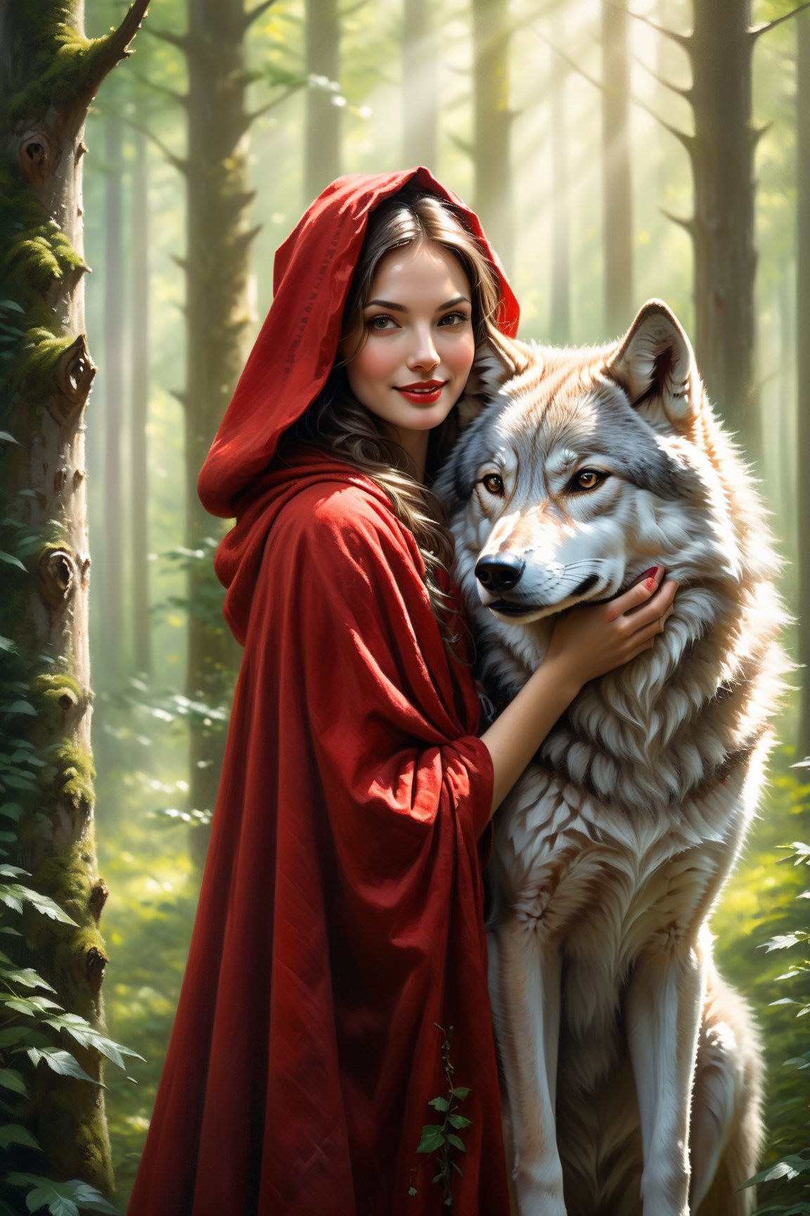 Little Red Riding Hood in her iconic red cloak embracing a gray wolf, standing in a vibrant green forest clearing, soft focus, dappled sunlight filtering through dense trees, wolf's fur texture highlighted, warm interaction between characters, fairy tale atmosph, highly realistic, ruddy skin, beautiful, full lips, smiling, feeling of lightness and joy, hyperrealism, skin very elaborated, direct gaze, style of Greg Rutkowski,oil paint 