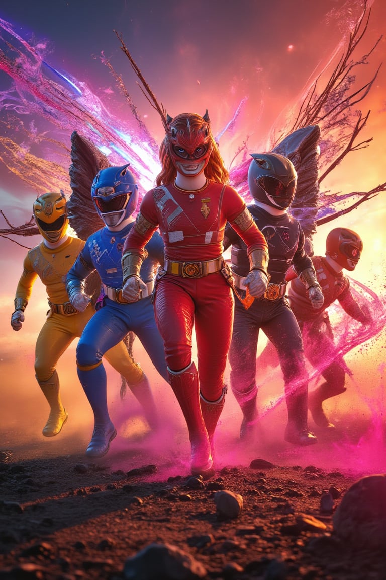 Masterpiece, professional, award-winning, intricate details, ultra high detailed, 64k, dramatic light, volumetric light, dynamic lighting, Solo, A brave and courageous image of a 6 member ranger team, Each one is decorated in vibrant colors. red is front of center, violet, Green, yellow, blue black, white,. Dynamic poses in a background that exudes energy and courage, neon, fire, plasma, Fluorescent, shocking, pink big bomber, splashing pink, running, fighting pose, action pose, Embodying the essence of the classic Sentai superhero team. Each Rangers attire is sophisticated and modern, Each color has elements that reflect its theme., Ready for action. In sunset background, in cinematic lighting, cover art mixed cinema poster style, realistic lighting and shading, vivid, vibrant, unreal engine, concept art,disney style,1girl_Anime