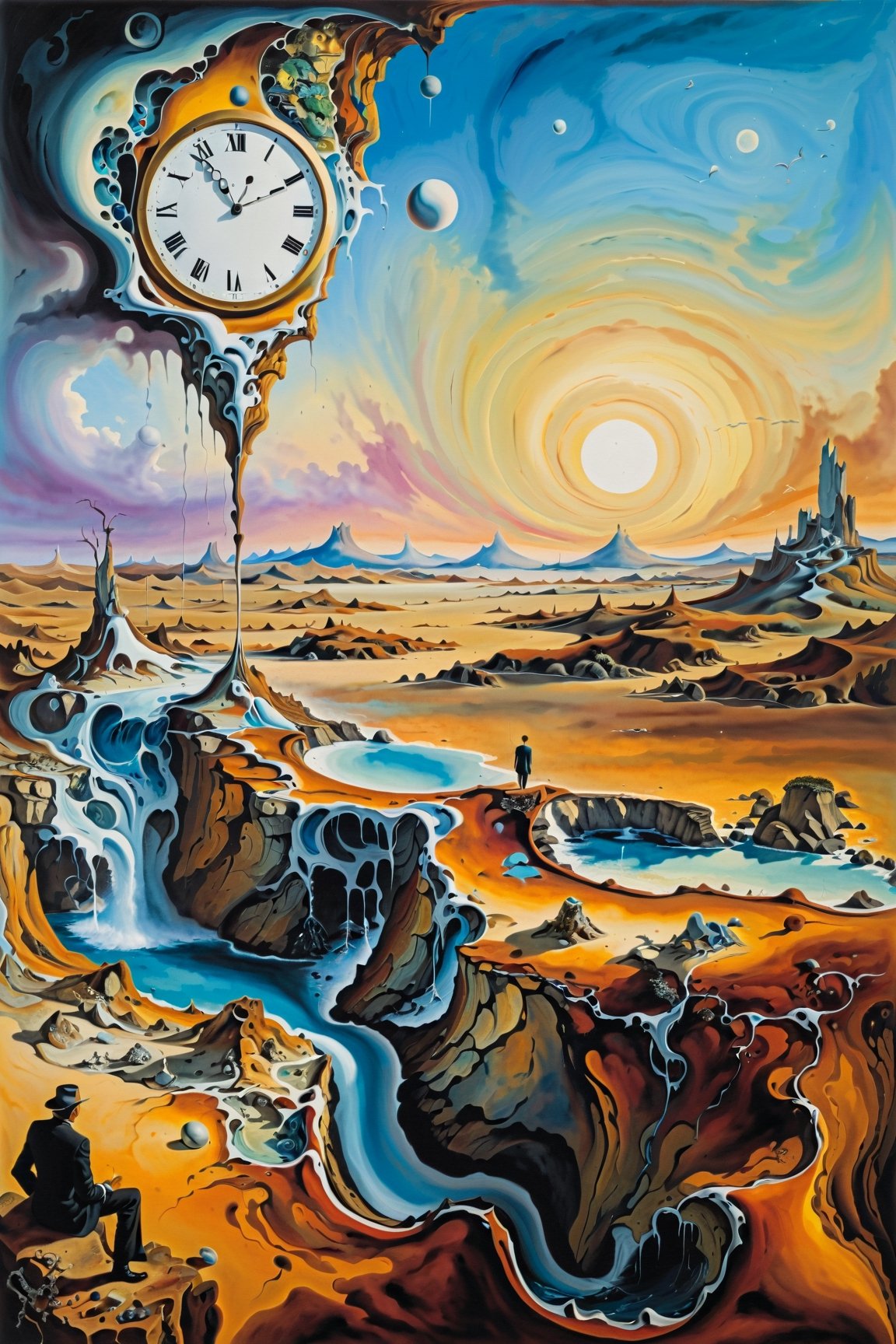 (Masterpiece), (Best Quality), (Ultra-detailed), Artistic painting, (Inspired by Salvador Dali's surrealist art), create a landscape with melting clocks, distorted figures, and a backdrop of swirling colors and shapes. The overall mood should be dreamlike and otherworldly. In the foreground, a man stands gazing out at the strange and wonderful scenery around him. His expression is one of fascination and curiosity, as if he's exploring a new world for the first time,