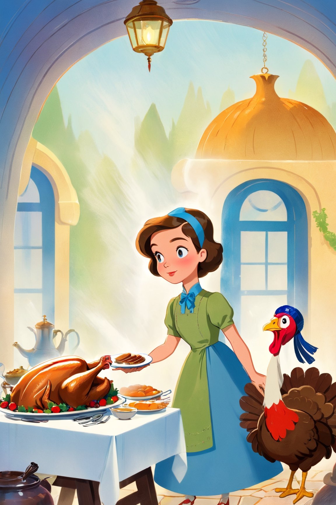 (masterpiece)), (((best quality))), ((ultra-detailed)), a woman standing in front of a table with a cooked turkey on it, a storybook illustration by Mary Davis, 
Lady Davis, pixabay contest winner, synthetism, storybook illustration, flat shading, flickering light,Story book ,Retro art,niji style,ghibli