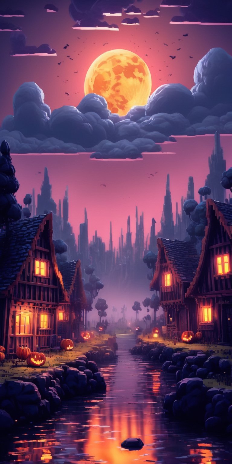 Pixel art spooky night scenes, 3D pixel art 4K wallpapers, Amazing pixel art details, Pixel art, Detailed Unreal Engine pixel art, Half-red moon sky, Spooky Night, Holloween theme,