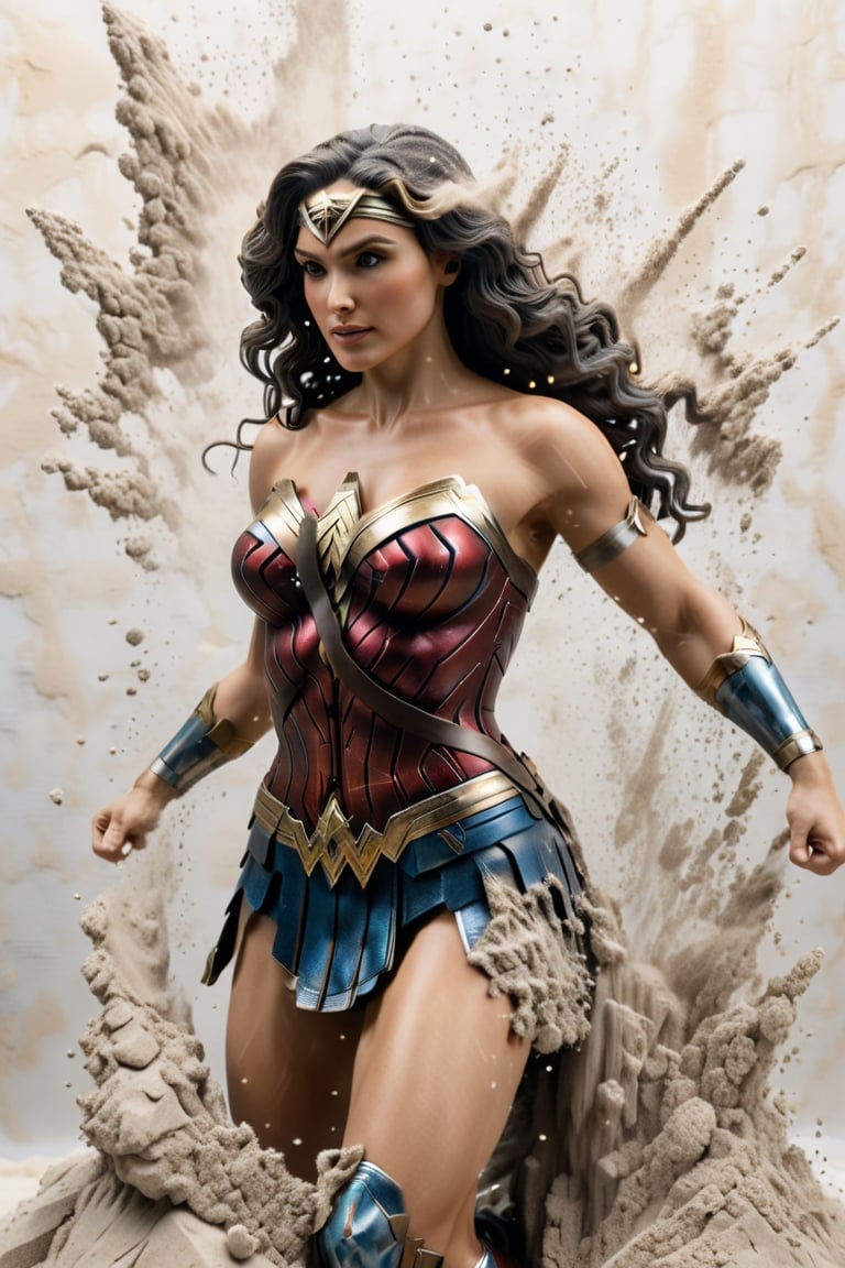 ultra detailed shot of a sculpture made of stone and sand in a beautiful Wonder Woman shape, monotone, dust explosion, motion effects, white dust, dissolving into pixels, studio lights, ultra sharp focus, high speed shot, soft colors,dissolving into pixels