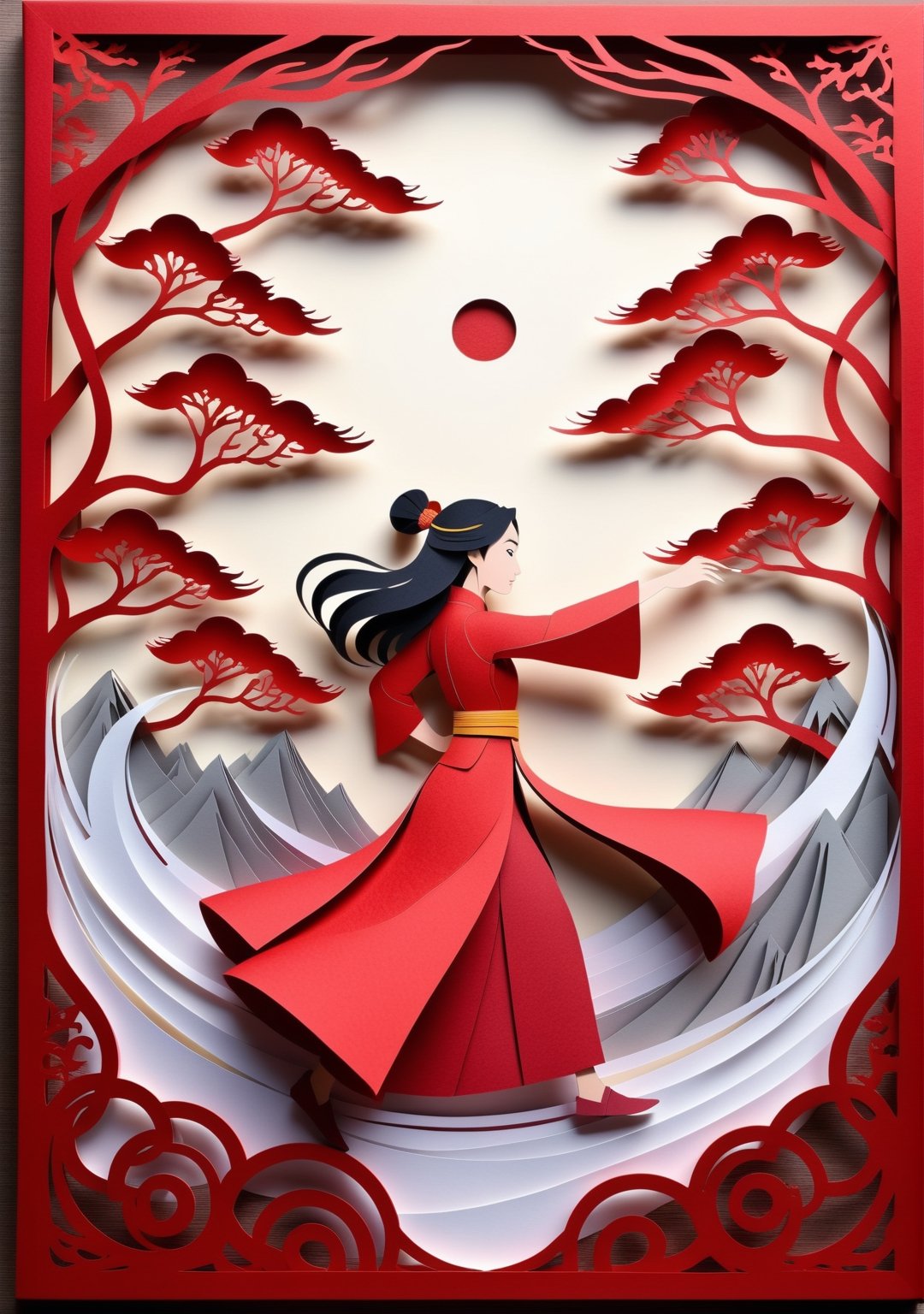 A mesmerizing paper-cut animation of the iconic tale of Mulan comes to life on the screen. Every delicate detail meticulously crafted out of paper unfolds before your eyes, showcasing the determined spirit of Mulan. The intricate paper scenes blend vibrant colors with the ancient art of papercutting, capturing Mulan's courage and determination as she goes against societal expectations to protect her family and honor. This enchanting animation captivates viewers with its exquisite precision and awe-inspiring artistry, immersing them in the compelling story of Mulan's heroic journey. (((Paper cutting art style))), high detail, high quality, high resolution, dramatically captivating, detailmaster2,Movie Still