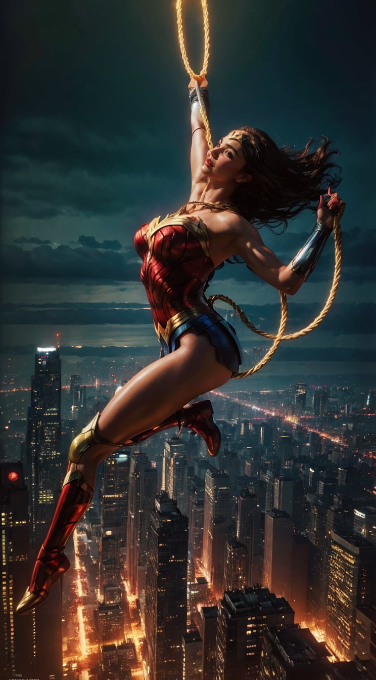 Generate a rough oil painting of Wonder Woman gracefully ((swinging through the gaps between skyscrapers)) (at night), ((flying)), using her ((Lasso of Truth)) as if she were Spider-Man. The golden glow emanating from the Lasso of Truth illuminates the scene like fluorescent lights. Capture her in a dynamic and stylish pose, reminiscent of Frank Miller's Sin City style. (field of depths,boheh backdrop),wonder_woman,artgerm,semi-realistic,Anime,highres,masterpiece