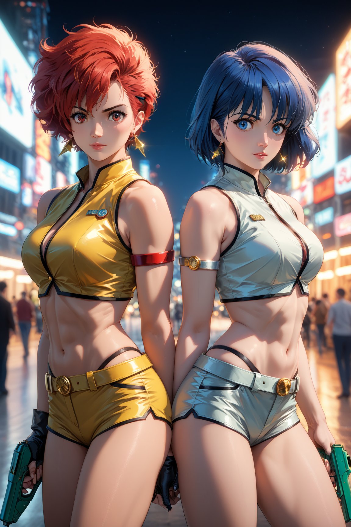 Best quality, Masterpiece, Ultra High Resolution, (Realistic:1.3), Comic city hunter style, 2girls, kei, dark skin, short hair, red hair, red eyes, hairband, earrings, jewelry, grey top crop, clothing cutout, single glove, wristband, armband, grey shorts, belt, Thigh Boots, grey footwear, dpyuri, pale skin, long hair, blue hair, blue eyes, yellow top crop, clothing cutout, yellow shorts, Boots, yellow footwear, (((holding pistols back to back:1.5))), rich and colorful, Japanese manga artist Tsukasa Hojo'style, depth of field, Overclocked Renderer, movie lights, ultra_fine, very detailed, complicated, cinematic perspective, cg art, realistic skin details, complex background, high quality, realistic lighting, professional photos, natural skin texture, very detailed and sharp focus, crazy details, intricate details, very detailed and bright cinema lighting, very delicate muscles, whole body, score_9,score_8_up,score_7_up,score_6_up,Hojo Tsukasa manga style