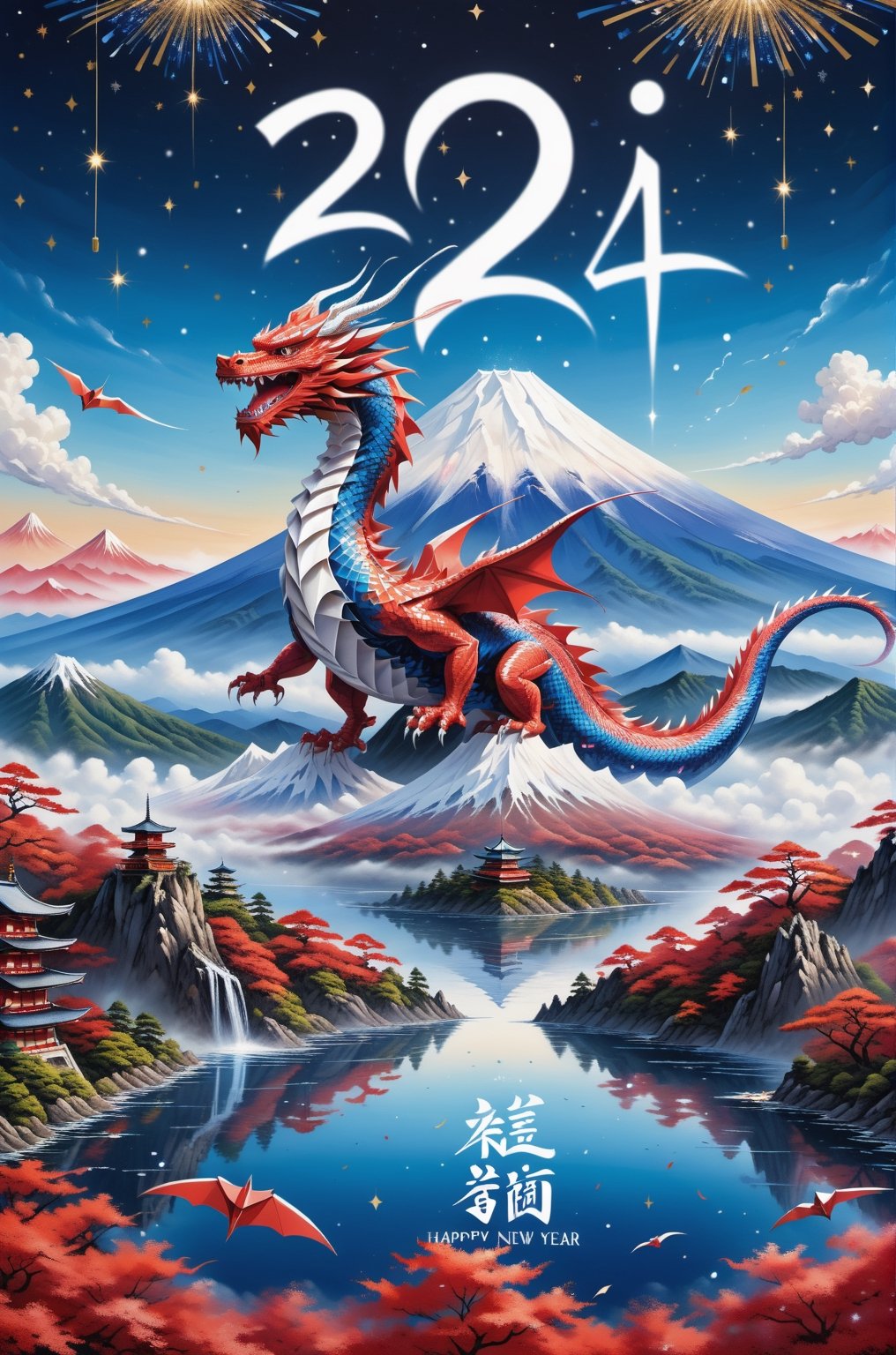 ("Happy New Year 2024" text logo: 1.3), Origami, dripping paint, ((Blue Oriental Dragon floating)) flying over great Mountain Fuji , full body portrait, wide scale lens, Text, aw0k magnstyle, ((Masterpiece))), Best Quality, light red painting, starry skies, (White background: 1.1), detailmaster2,Movie Still