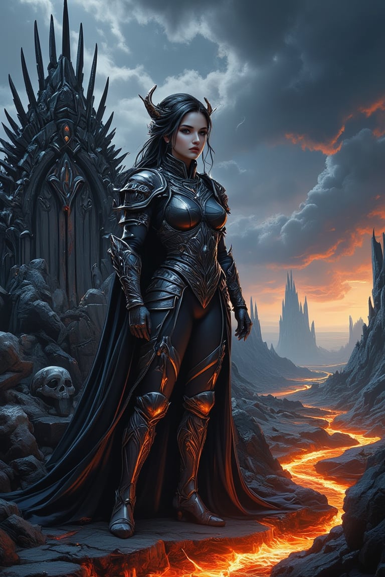 Masterpiece, professional, award-winning, intricate details, ultra high detailed, 64k, dramatic light, volumetric light, dynamic lighting, Art style inspired by Boris Vallejo and Luis Royo. A full-body shot of a strikingly beautiful girl with a flawless figure stands regally near her throne. She is clad in intricate, steel spiked armor, exuding both strength and elegance. Her throne, a menacing structure made of swords, jagged peaks, bones, and skulls, adds to the foreboding atmosphere. The setting is a desolate, rocky terrain with a river of molten lava cutting through the landscape and dark, swirling clouds overhead. The scene is a meticulously detailed masterpiece, capturing a haunting and powerful mood. realistic lighting and shading, vivid, vibrant, unreal engine, concept art,FLUX comics style,Enhanced all,Pastel