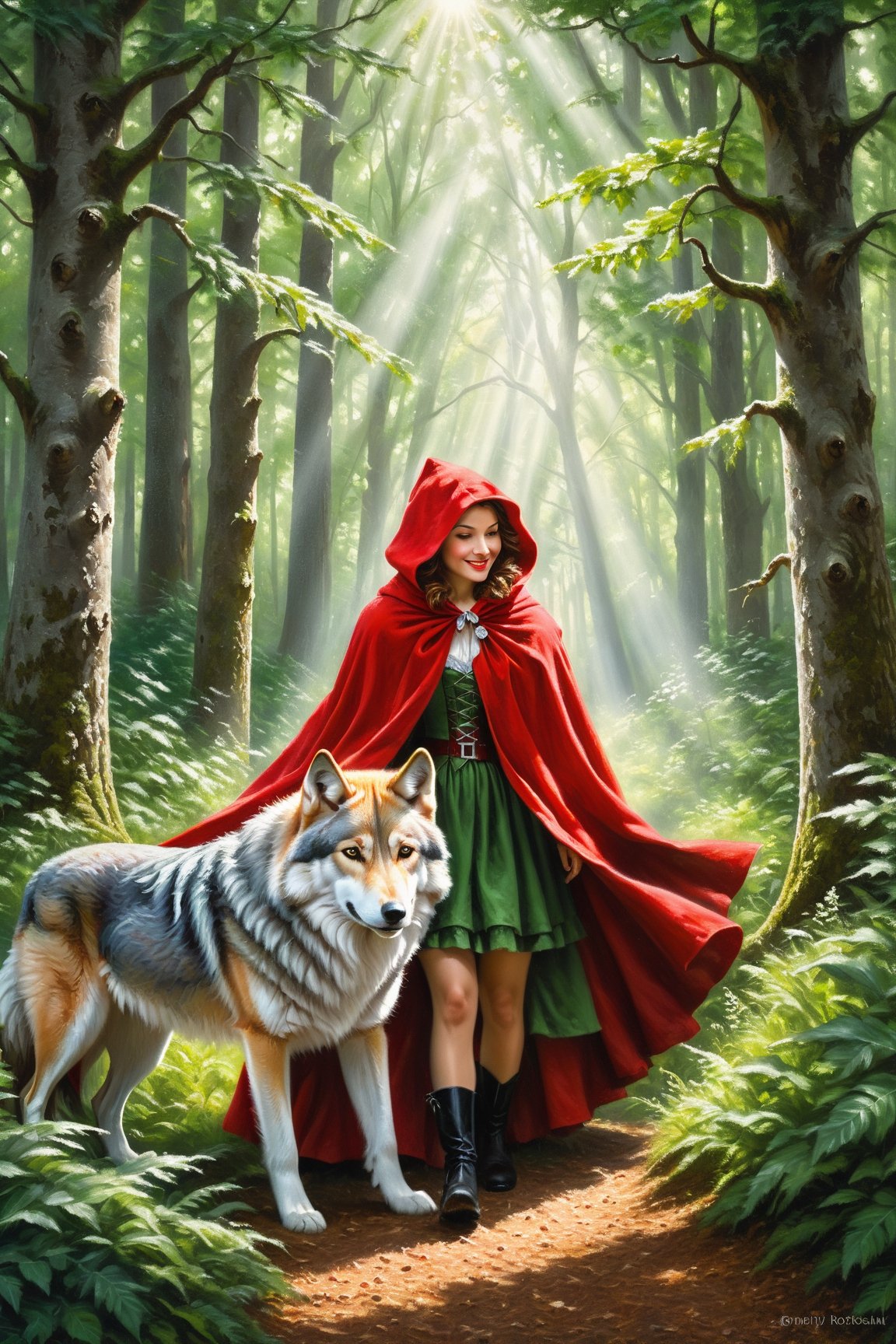 Little Red Riding Hood in her iconic red cloak embracing a gray wolf, standing in a vibrant green forest clearing, soft focus, dappled sunlight filtering through dense trees, wolf's fur texture highlighted, warm interaction between characters, fairy tale atmosph, highly realistic, ruddy skin, beautiful, full lips, smiling, feeling of lightness and joy, hyperrealism, skin very elaborated, direct gaze, style of Greg Rutkowski,oil paint ,photo r3al