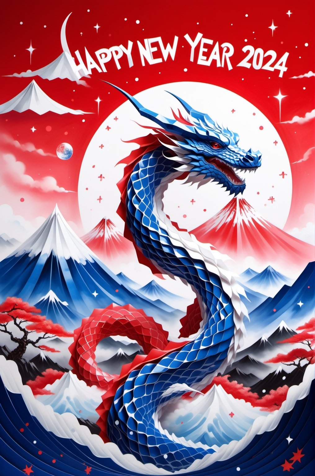 ("Happy New Year 2024" text logo: 1.3), Origami, dripping paint, ((Blue Oriental Dragon floating)) flying over great Mountain Fuji , full body portrait, wide scale lens, Text, aw0k magnstyle, ((Masterpiece))), Best Quality, light red painting, starry skies, (White background: 1.1), detailmaster2,Movie Still