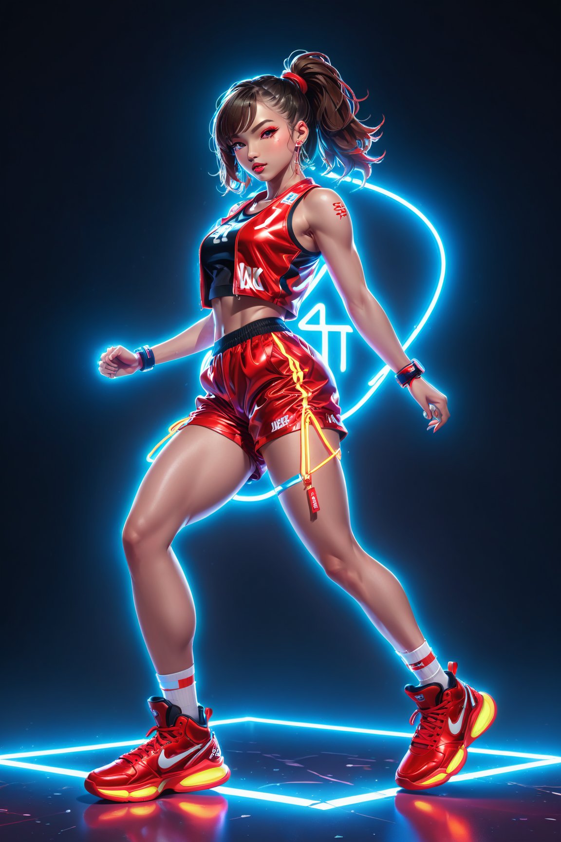 (Best quality, ultra detailed, masterpiece),  8k, super detailed, ((beautiful detailed)))1girl, hip pop clothes, Red basketball shoes, low angle shot, low angle, ground-level shot, full body, full body shot, lunge, nightclub, laser beam(Dynamic feeling:1.4),(concept art style:1.4), neon, neon sign, glowing,32k, octane render,neon style