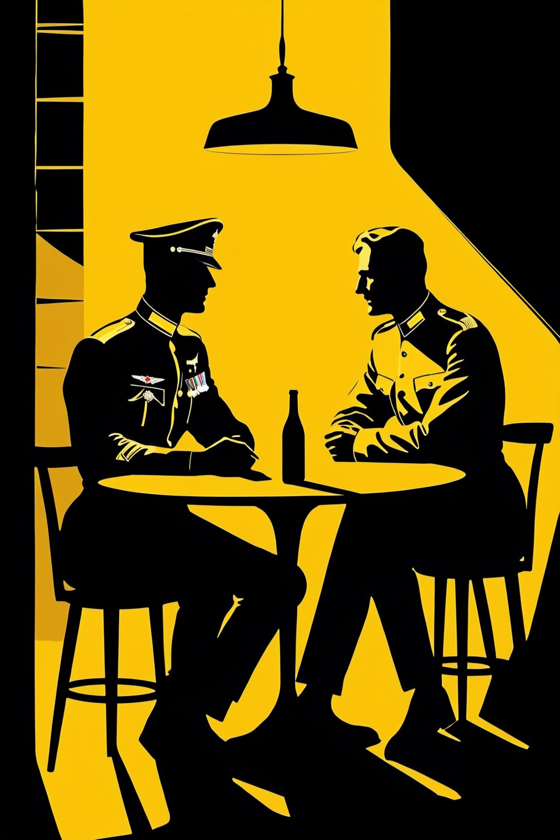 character silhouette, 2 men at a restaurant table, body in shadow, Soviet officer's uniform, dark night, dark yellow background,Flat vector art,pencil sketch