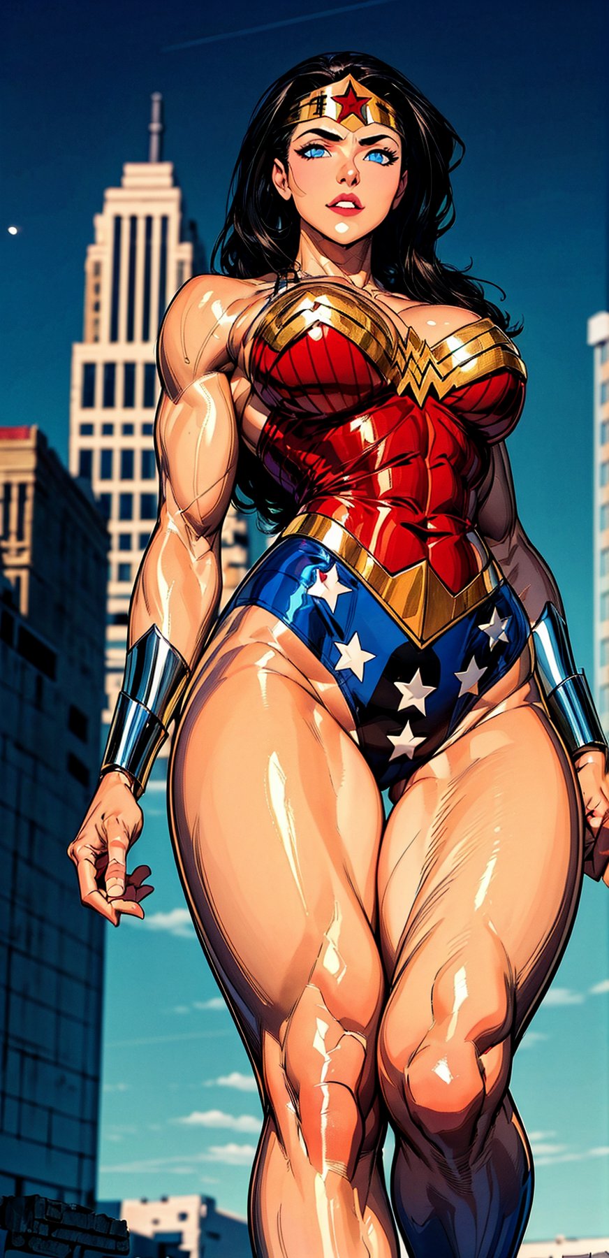 Wonder Woman, (Masterpiece), Best Quality, (Extremely detailed), (1Girl:1.4), ((beautiful blue eyes)), (black middle length wavy hair), Wonder Woman, (intricate details, makeup), (delicate and beautiful delicate face, delicate and beautiful delicate eyes, face with perfect proportions), (shiny skin: 1.2), delicate skin, strong and realistic blue eyes, realistic black hair, lips, makeup, natural skin texture, tiara, red and gold bustier, blue leotard with white stars, (silver Bracelets:1.2), red knee-high boots, golden belt, (Wonder Woman clothing:1.1), bare shoulders, ((light tanned skin:0.8)), mature, sexy, elastic muscles, (muscles: 1.2), ((strong and healthy body)), ((more) muscles))), cleavage, long legs, curves, (big breasts: 1.3), ribs, thin waist, soft waist, (delicate skin), (beautiful and sexy woman), (swollen lips: 0.9), (eyelashes: 1.2), very delicate muscles, perfect body, perfect anatomy, perfect details, perfect fingers, Perfect limbs, thigh gap, watercolor, professional, Bokeh, Decreased saturation, overlooking a (New York city skyline:1.2), overlooking a modern city, sky - high view, Sky view (on balcony), (City skylines view), ((night time:1.2)), ((from below:1.5)), ((flying:1.3)), (masterpiece, best quality), ,semi-realistic,dwarfoil,wonder2