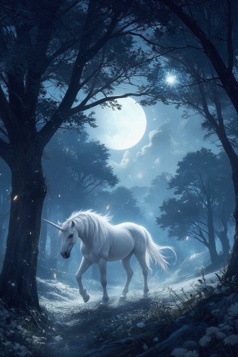 Masterpiece, professional, award-winning, intricate details, ultra high detailed, 64k, dramatic light, volumetric light, Enchanting, moonlit glade with a gentle unicorn and shimmering will-o'-the-wisps, realistic, magical, mystical creatures, idyllic, serene, ethereal, (mythical presence:1.4), wildflowers, moonbeams, ancient trees, soft glow, harmonious realm, tranquil beauty, 8k,ek_art_b00ster,anime,illustrated,